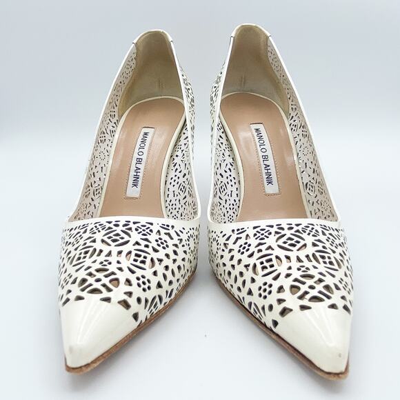 Manolo Blahnik BB White Laser-Cut Leather Pointed Toe Pump Heels - Picture 6 of 11